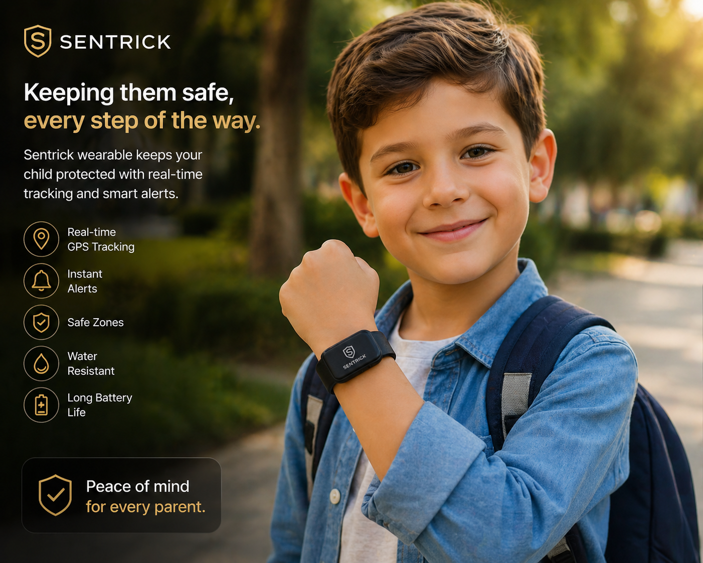 Child wearing a SENTRICK wearable with real-time GPS tracking and safe zones
